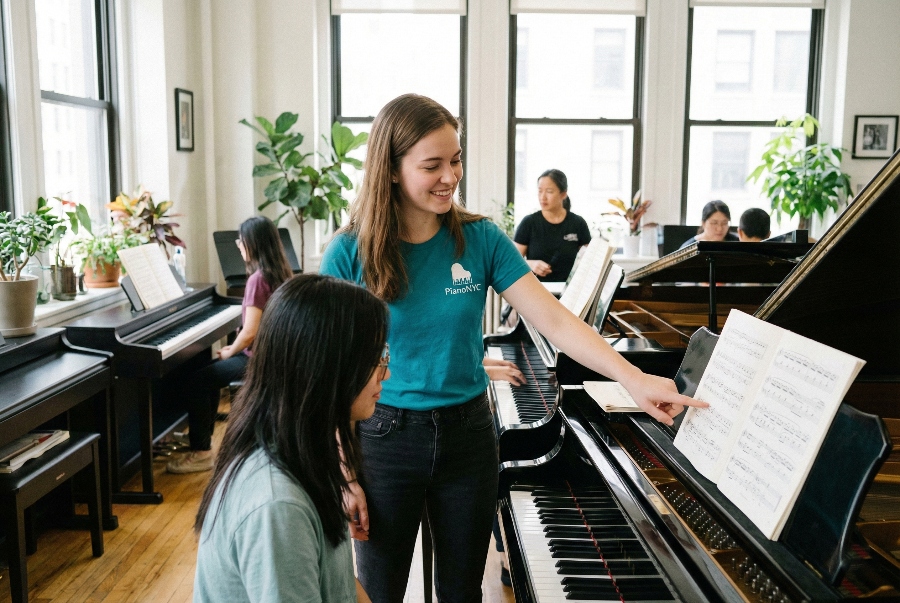 Cost of Private Piano Lessons NYC Rates Guide 2025 9 PrivatePianoLessons expert teacher guiding a customer through a piano session in Manhattan